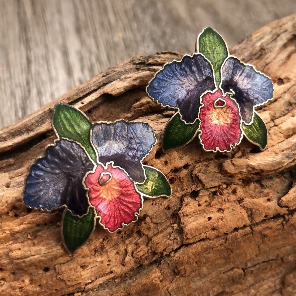 Vintage Orchid Flower Enamel Post Earrings